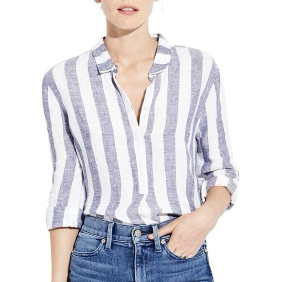 AYR The Easy Linen Long Sleeve Half Button Front Tunic XS Blue White Stripe - Picture 1 of 5